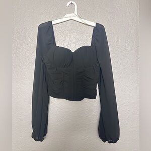 Blue Bell Sheer Long Sleeve Ruched Crop Top Black Large
